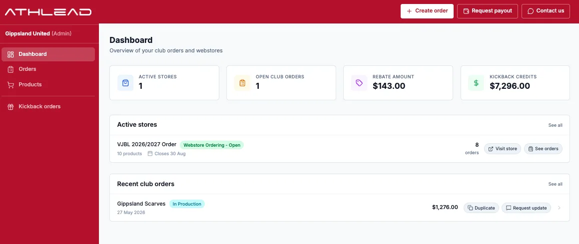 KitOS™ Club Admin dashboard